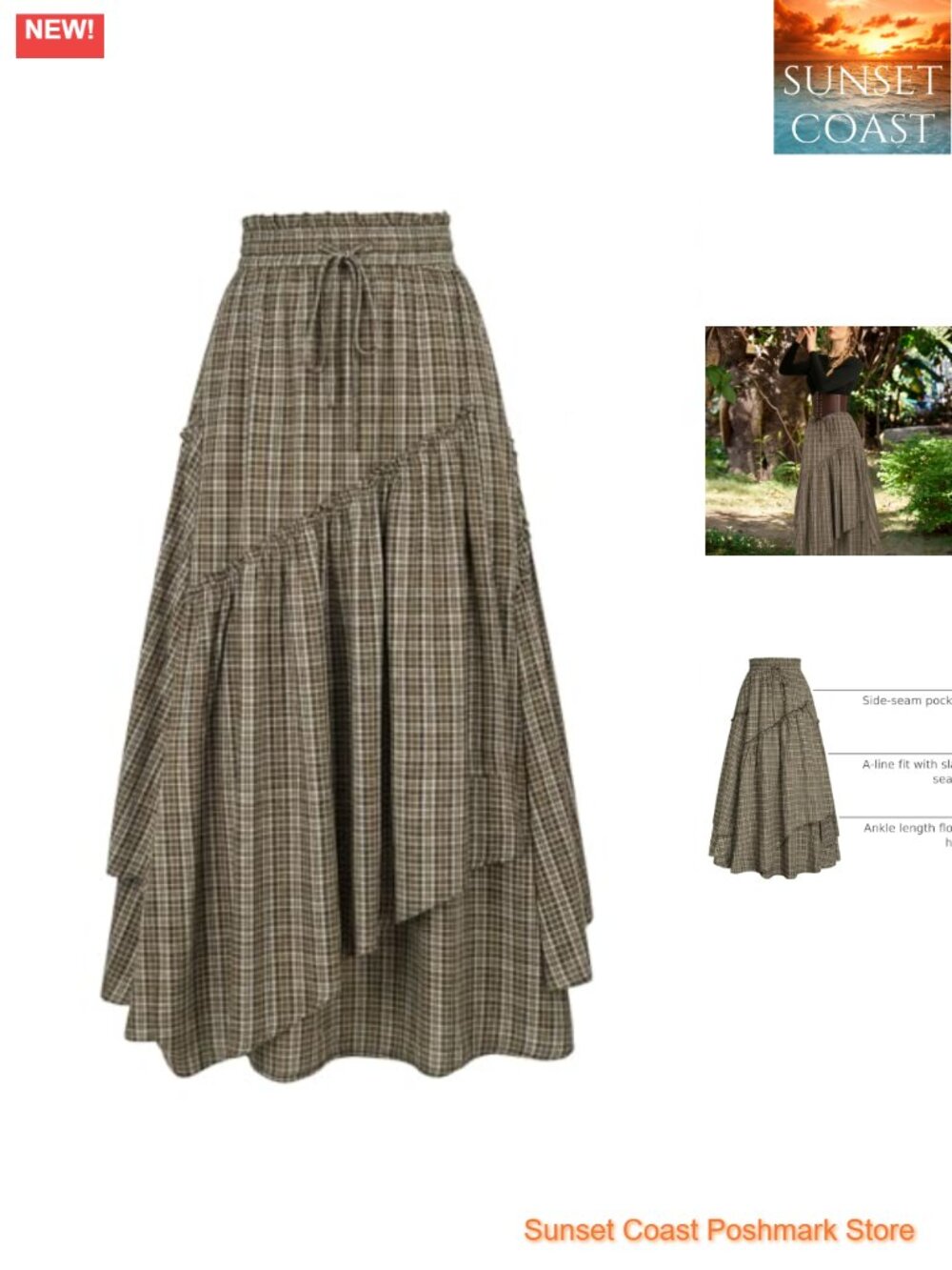 Plaid Renaissance Flowy Maxi Skirt A-Line Tiered Asymmetric Women